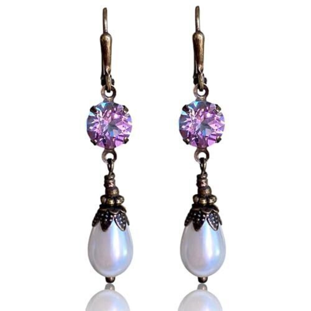 9557 Vintage Lever back Earrings Simulated Pearl Austrian Crystal Dangle